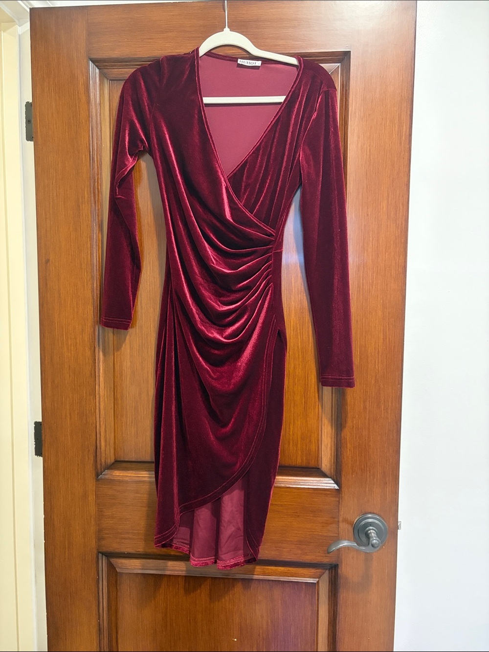 Ruche Front Velvet Wrap Dress - Wine